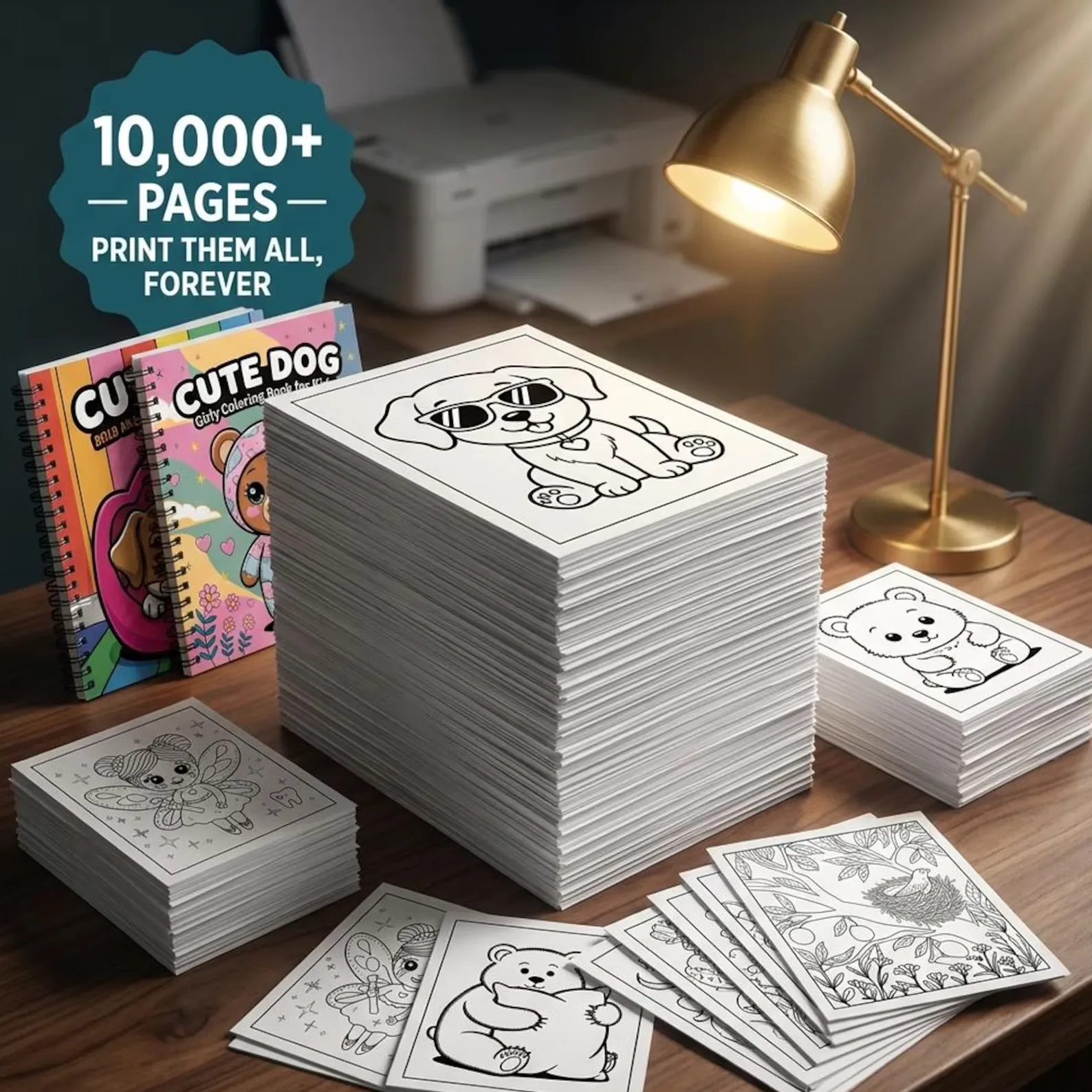 10,000+ Pages: Print Them All Forever - Stacks of printed coloring sheets
